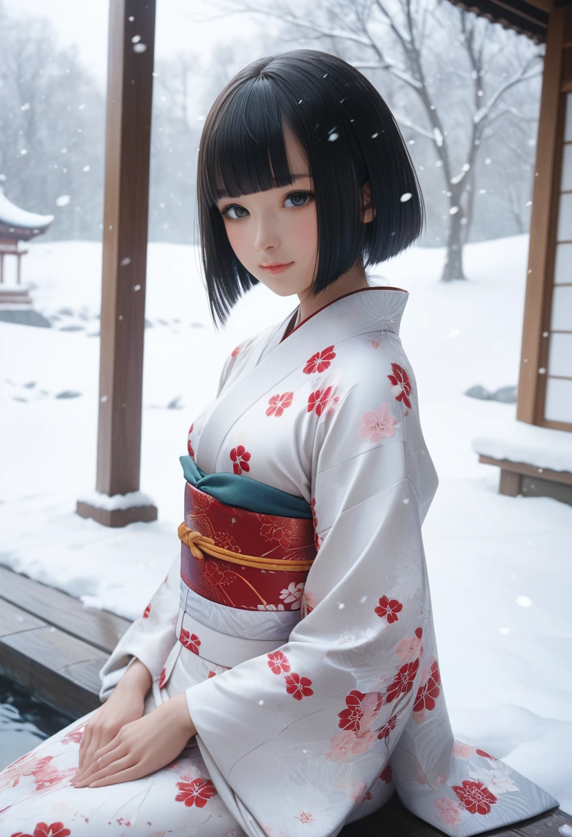 score_9, score_8_up, score_7_up, 1girl, solo, looking at viewer, short hair, blunt bangs, black eyes, beautiful detailed eyes,black hair, long sleeves, sitting, closed mouth, small breasts, outdoors, japanese clothes, wide sleeves, kimono, water, sash, obi, floral print, snow, snowing, white kimono, print kimono,  break,(clear line illustration:1.2), super detailed skin,very high resolution, very aesthetic, Best sexual lighting powered by famous artist, 8k,cute picture,beauty illustration,photoshop_(medium),,(Detailed Lighting),uncensored,