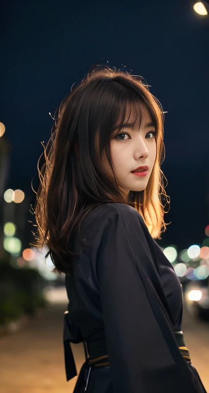 (A pretty detailed woman in a black kimono dress, korean bob_hair_side_bangs, fair skin, dark lips, standing in a city parking lot at night, turning around to see the camera, dark background, sunset, extremely detailed skin, extremely detailed eyes, depth of field, 8k, dslr, dim lighting, camera_flash, high quality, film grain, the_cowboy_shot)