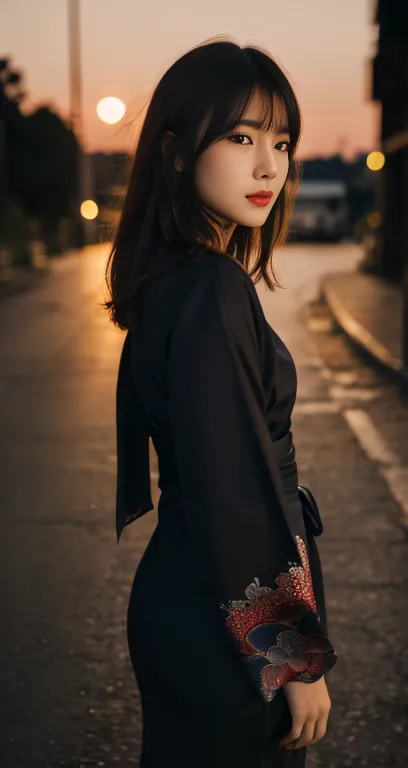 (A pretty detailed woman in a black kimono dress, korean bob_hair_side_bangs, fair skin, dark lips, standing in a city parking l...