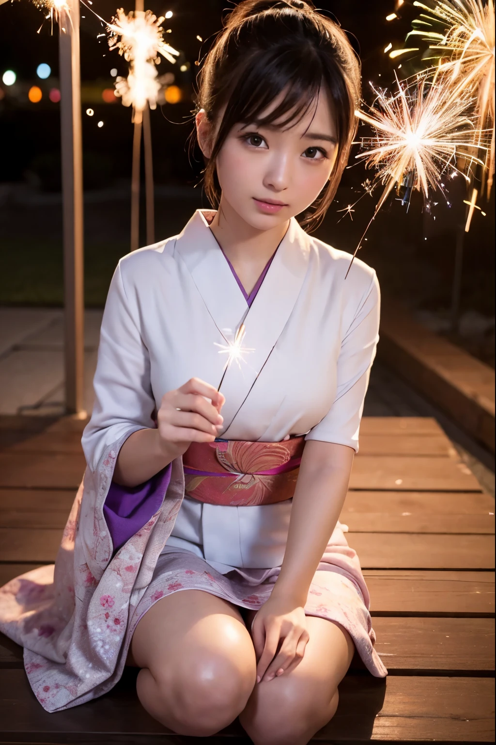 Perfectly Anatomically Correct:1.4, 5 Beautiful finger:1.4, 
1 Japanese Girl, Kawaii, Very Short Hair Bun:1.2, Wide-Set Eyes, Very White Skinned, Blush, Bashfully, 16-Year-Old, Open Mouse Slightly, 
Cute Eyes, Tareme, Brown Hair, Light Smile, 
(Japanese Sparklers Within Own Reached Arm:1.4), 
(Point Fireworks at Viewer:1.0), 
Pale Colored Yukata or Kimono or Japanese Clothes:1.6, 
Looking at Viewer:1.2, 
Full Body, 
SFW:1.0, Non-Nipple:1.0, 
 BREAK 
Light Purple Dusk, Riverside Wooden Deck, Embankment, 
 BREAK 
8K, RAW Photo, Best Quality, Masterpiece, Realistic, PhotoRealistic, Extremely Detailed 8K Wallpaper, Beautifully Detailed Eyes, Finely Detailed Face, 
 BREAK 
High-Key Lighting, Professional Lighting, Bokeh:1.0