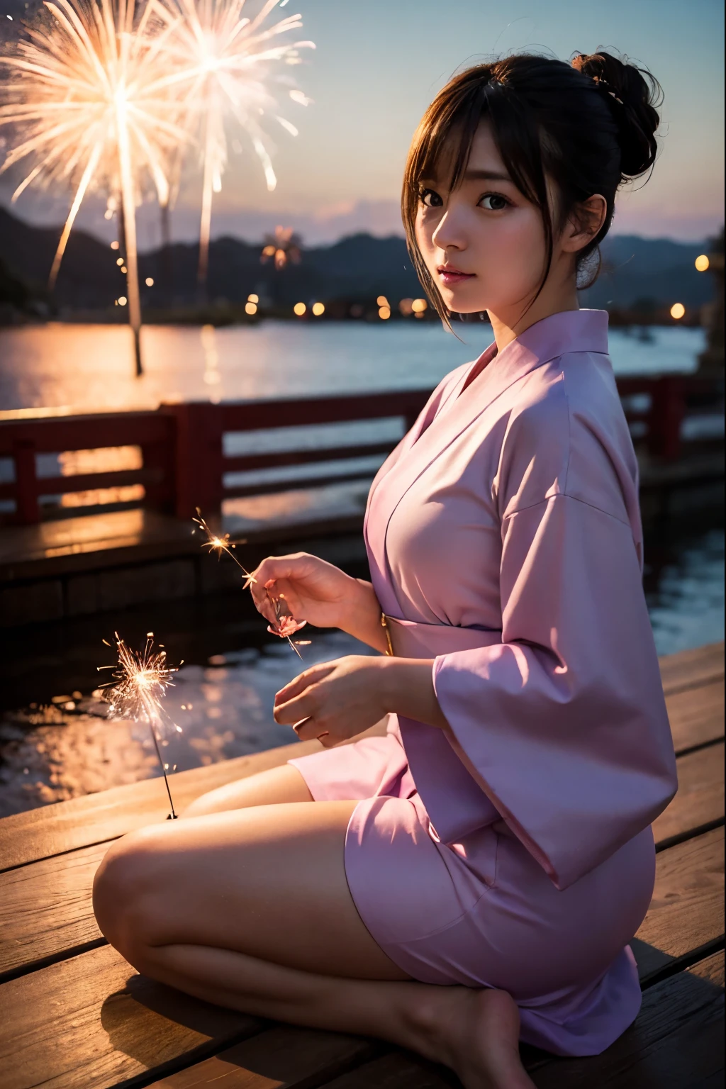 Perfectly Anatomically Correct:1.4, 5 Beautiful finger:1.4, 
1 Japanese Girl, Kawaii, Very Short Hair Bun:1.2, Wide-Set Eyes, Very White Skinned, Blush, Bashfully, 16-Year-Old, Open Mouse Slightly, 
Cute Eyes, Tareme, Brown Hair, Light Smile, 
(Japanese Sparklers Within Own Reached Arm:1.4), 
(Point Fireworks at Viewer:1.0), 
Pale Colored Yukata or Kimono or Japanese Clothes:1.6, 
Looking at Viewer:1.2, 
Full Body, 
SFW:1.0, Non-Nipple:1.0, 
 BREAK 
Light Purple Dusk, Riverside Wooden Deck, Embankment, 
 BREAK 
8K, RAW Photo, Best Quality, Masterpiece, Realistic, PhotoRealistic, Extremely Detailed 8K Wallpaper, Beautifully Detailed Eyes, Finely Detailed Face, 
 BREAK 
High-Key Lighting, Professional Lighting, Bokeh:1.0