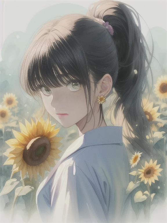 (水彩:1.2),一人の女の子, 一人で, 花, sun花,そばかす, 肖像画, 葉, 前髪, サイン, yellow 花, 黒髪, 長い髪, ポニーテール、緑の目, 目の間の毛, 花 earrings