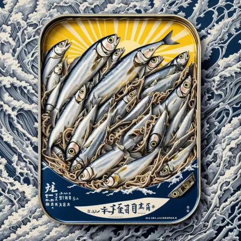 tinned sardines in traditionally flat pull can, japanese retro landscape poster, ikko tanaka, negative space, abstract, intricat...