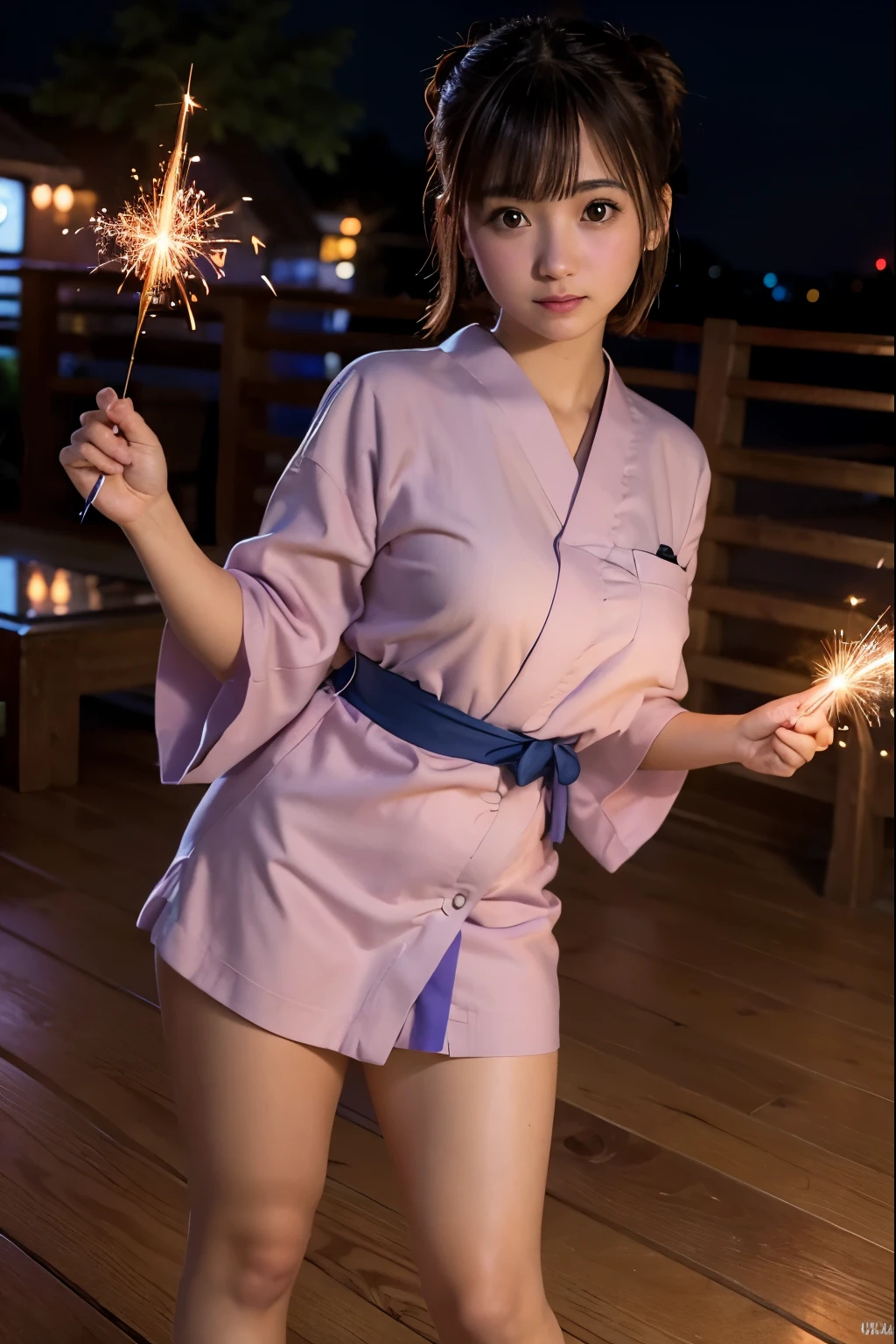 Perfectly Anatomically Correct:1.4, 5 Beautiful finger:1.4, 
1 Japanese Girl, Kawaii, Very Short Hair Bun:1.2, Wide-Set Eyes, Very White Skinned, Blush, Bashfully, 16-Year-Old, Open Mouse Slightly, 
Cute Eyes, Tareme, Brown Hair, Light Smile, 
(Japanese Sparklers Within Own Reached Arm:1.4), 
(Point Fireworks at Viewer:1.0), 
Indigo Colored Yukata or Kimono or Japanese Clothes:1.6, 
Looking at Viewer:1.2, 
Full Body, 
SFW:1.0, Non-Nipple:1.0, 
 BREAK 
Light Purple Dusk, Riverside Wooden Deck, 
 BREAK 
8K, RAW Photo, Best Quality, Masterpiece, Realistic, PhotoRealistic, Extremely Detailed 8K Wallpaper, Beautifully Detailed Eyes, Finely Detailed Face, 
 BREAK 
High-Key Lighting, Professional Lighting, Bokeh:1.0