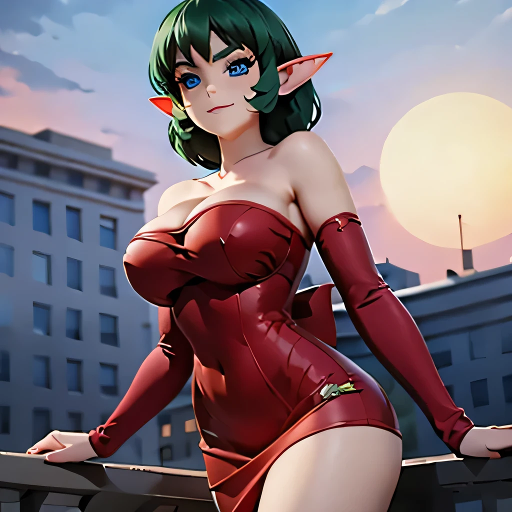  ((masterpiece,best quality,ultra-delicate,Perfect Face,16k,high resolution,very beautiful girl)),medium short green hair,,Red strapless bodycon tube dress with huge red bow ,Red long arm sleeves,red high heels,Elf Girl,huge Breasts,blue eyes,Beautiful smile,20 years old