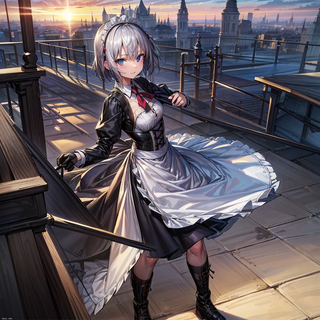 Illustration of one person, Dengeki Bunko, Woman Looking Back, Perfect Human Medicine, Woman keeps falling, {{{{{Maid clothes}}}}},Small Tits,anime, Two legs, Cool,{{{{{50 year old woman}}}}} ,{{{{{a person is depicted}}}}},(Official Art、{{{{{Upper Bodyアングル}}}}},Highest quality、Unity 8k wallpaper、32k、masterpiece、Ultra-detailed、Ultra-high resolution, Realistic、Grab your hair with your hands, Photorealistic:1.2)、(Cinema Lighting:1.2)、,Fire Glow Effect、The most grainy shadows on the film、Rim Light、Side light、Side Shot、(Ultra-detailedで複雑な3Dレンダリング)、Very short hair, Short wolf hair,細部までBeautiful Faceと目、Sharp pupils、Realistic生徒、Slender、Highly detailed background、Beautiful Face、Beautiful 16 year old girl、(Ultra-detailedなスキン、Detailed skin texture:1.Silver Hair:1.3)、Blunt bangs、blue eyes、{{{{{黒いMaid clothes}}}}}、White apron costume、Black knee socks、(Thighs Thighs Thighs Thighs:0.8)、Black Bhutanese sticks and a beautiful sunset、Medieval castle、Dancing on the Tower Roof、(avert your eyes、Overlooking the city:1.3)、Fantastic、Close your mouth and bite, Makes your face smaller, (Tabletop), Highest quality, Perfect Face, 1 Girl, alone, Eye color is light blue, Hair between the eyes, Very Short Hair, blue eyes, Silver Hair, Knee-high boots, corset,Black gloves, Long sleeve, Upper Body,