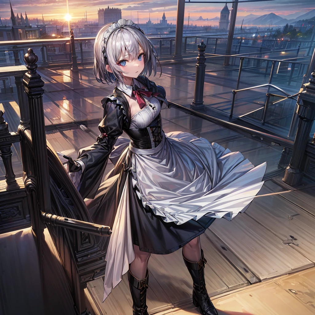 Illustration of one person, Dengeki Bunko, Woman Looking Back, Perfect Human Medicine, Woman keeps falling, {{{{{Maid clothes}}}}},Small Tits,anime, Two legs, Cool,{{{{{50 year old woman}}}}} ,{{{{{a person is depicted}}}}},(Official Art、{{{{{Upper Bodyアングル}}}}},Highest quality、Unity 8k wallpaper、32k、masterpiece、Ultra-detailed、Ultra-high resolution, Realistic、Grab your hair with your hands, Photorealistic:1.2)、(Cinema Lighting:1.2)、,Fire Glow Effect、The most grainy shadows on the film、Rim Light、Side light、Side Shot、(Ultra-detailedで複雑な3Dレンダリング)、Very short hair, Short wolf hair,細部までBeautiful Faceと目、Sharp pupils、Realistic生徒、Slender、Highly detailed background、Beautiful Face、Beautiful 16 year old girl、(Ultra-detailedなスキン、Detailed skin texture:1.Silver Hair:1.3)、Blunt bangs、blue eyes、{{{{{黒いMaid clothes}}}}}、White apron costume、Black knee socks、(Thighs Thighs Thighs Thighs:0.8)、Black Bhutanese sticks and a beautiful sunset、Medieval castle、Dancing on the Tower Roof、(avert your eyes、Overlooking the city:1.3)、Fantastic、Close your mouth and bite, Makes your face smaller, (Tabletop), Highest quality, Perfect Face, 1 Girl, alone, Eye color is light blue, Hair between the eyes, Very Short Hair, blue eyes, Silver Hair, Knee-high boots, corset,Black gloves, Long sleeve, Upper Body,