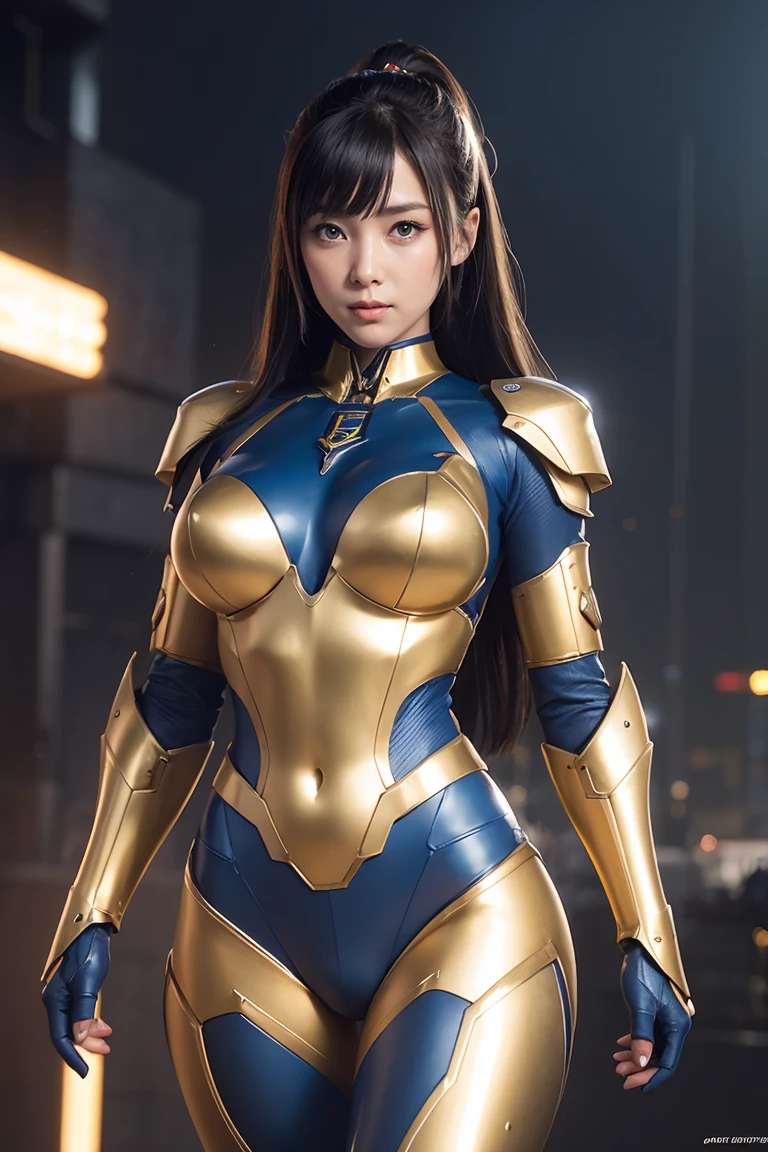 Textured skin, Very detailed, Attention to detail, high quality, 最high quality, High resolution, 1080P, , beautiful,(Super Heroine),Missile Guide,beautifulサイボーグ女性,Mecha Cyborg Girl,Battle Mode,A girl with a metallic blue and gold mecha body,she&#39;Armed Combat Cyborg、Equipped with combat mechs,Full Body Shot、Diffuse reflection of laser light