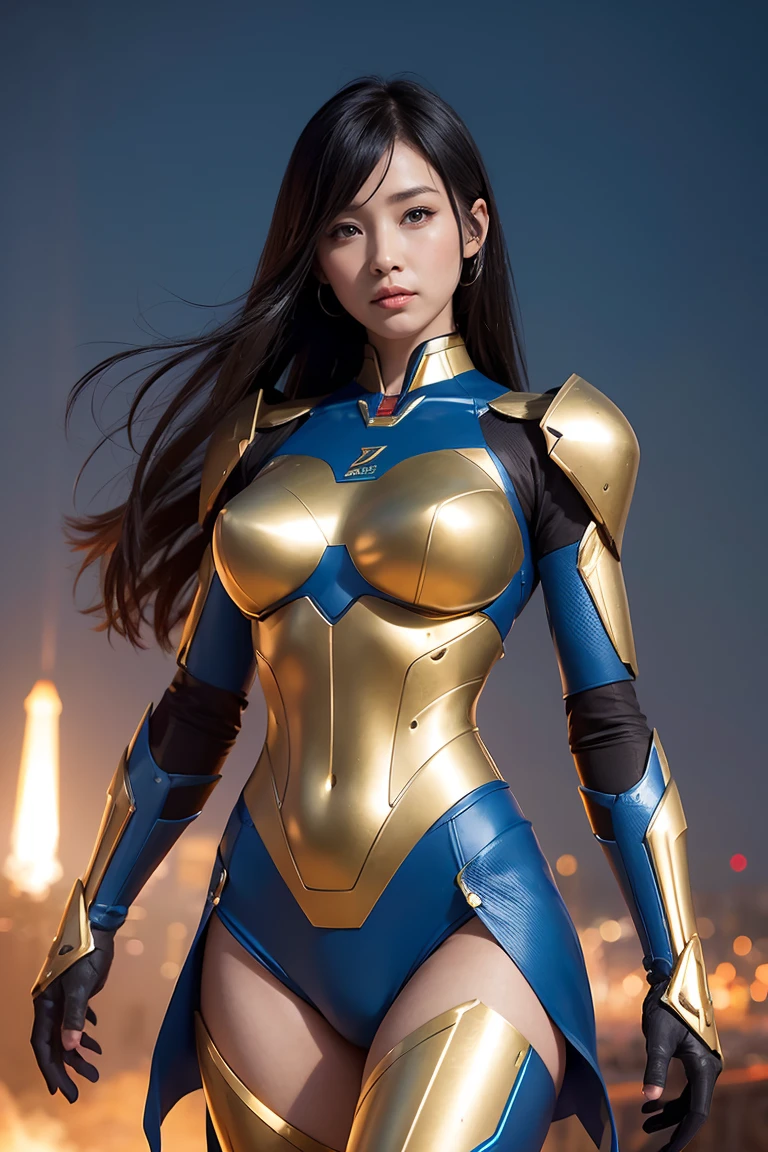 Textured skin, Very detailed, Attention to detail, high quality, 最high quality, High resolution, 1080P, , beautiful,(Super Heroine),Missile Guide,beautifulサイボーグ女性,Mecha Cyborg Girl,Battle Mode,A girl with a metallic blue and gold mecha body,she&#39;Armed Combat Cyborg、Equipped with combat mechs,Full Body Shot、Diffuse reflection of laser light