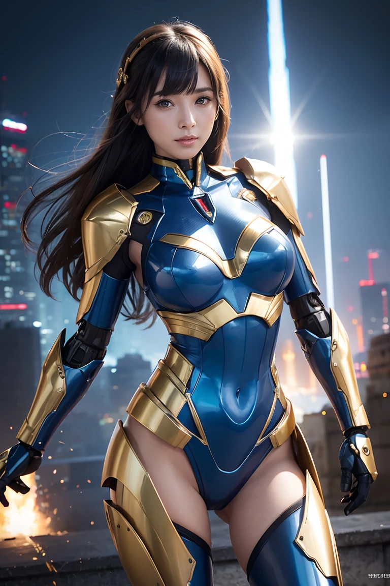 Textured skin, Very detailed, Attention to detail, high quality, 最high quality, High resolution, 1080P, , beautiful,(Super Heroine),Missile Guide,beautifulサイボーグ女性,Mecha Cyborg Girl,Battle Mode,A girl with a metallic blue and gold mecha body,she&#39;Armed Combat Cyborg、Equipped with combat mechs,Full Body Shot、Diffuse reflection of laser light