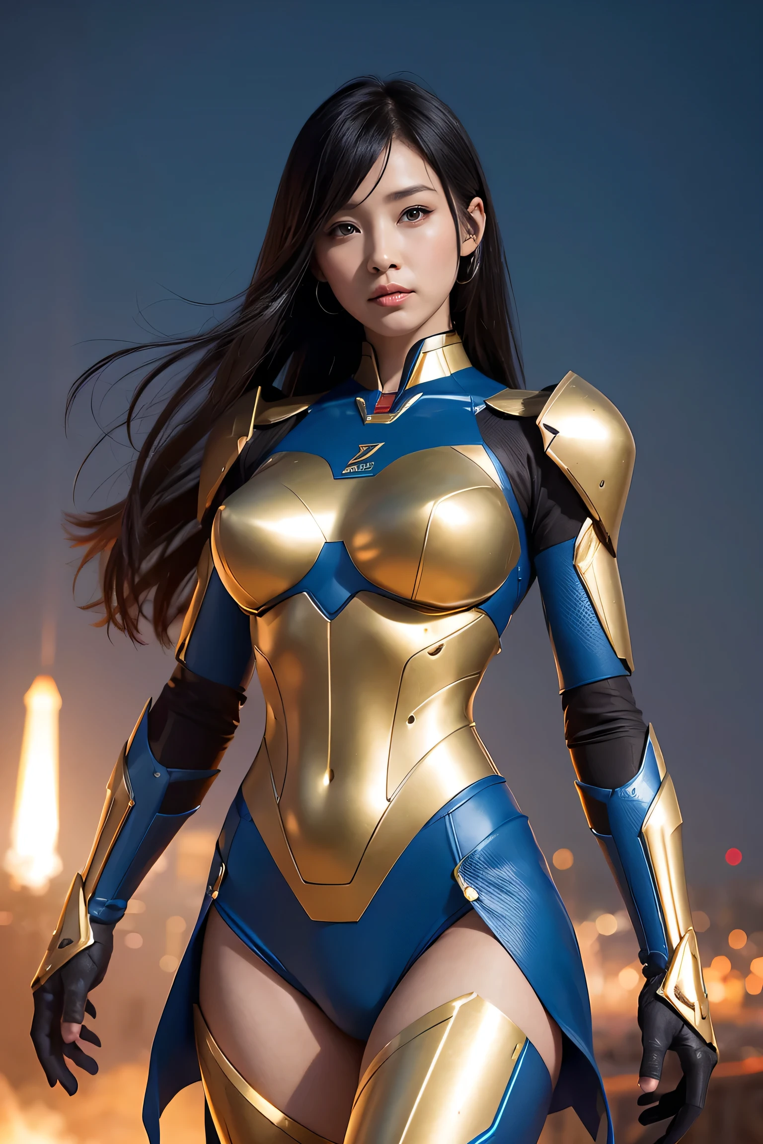 piel texturizada, Muy detallado, Atención a los detalles, alta calidad, 最alta calidad, Alta resolución, 1080p, , Hermoso,(súper heroína),Guía de misiles,hermosa mujer cyborg,Chica cyborg mecha,Modo de batalla,Una chica con un cuerpo mecánico azul metálico y dorado.,ella&#39;Ciborg de combate armado、Equipado con mechs de combate,tiro de cuerpo completo、Reflexión difusa de la luz láser.