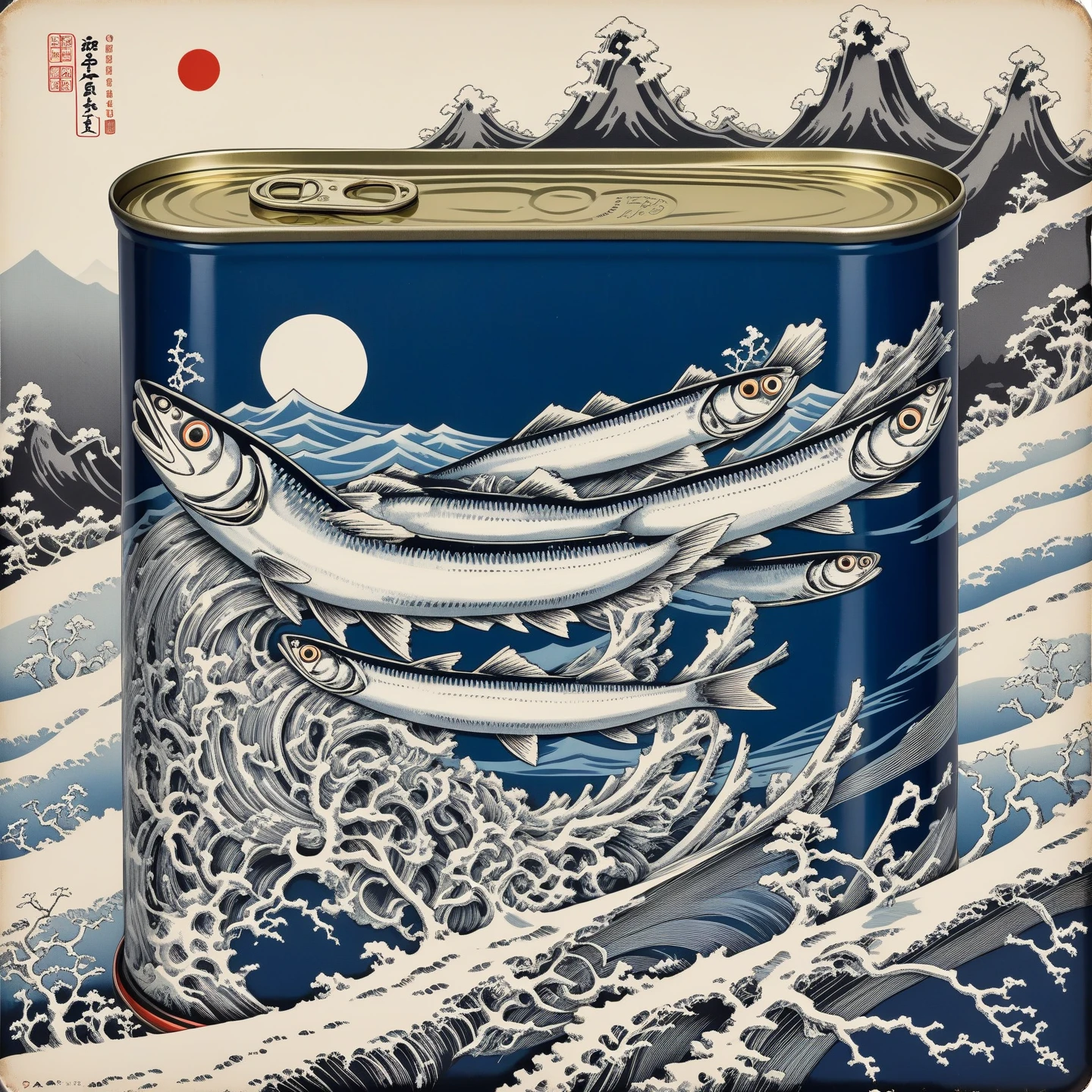 Tinned sardines in traditionally flat pull can, Japanese retro landscape poster, Ikko Tanaka, negative space, abstract, ukiyo-e