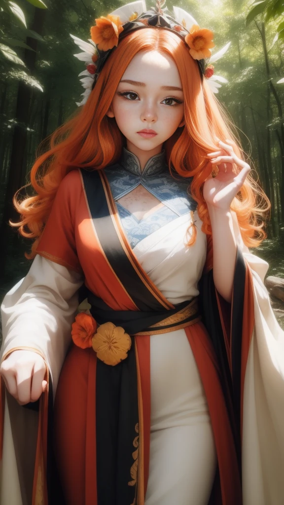 18 years old princess, striking figure, long ginger hair, wavy hairs, fair skin, (freckles), (kolito), innocent and regal appearance, expressive eyes are filled with a mix of curiosity and determination, her slender frame, elegant grace, vibrant orange kimono with white and black decorations, very long ((sleeves past fingers)), sleeves past wrists, feather headdress, in a forest