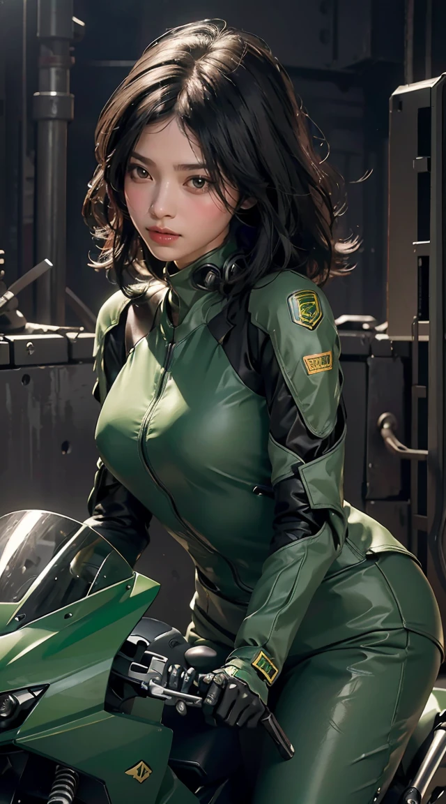 Best image quality, Excellent details, Ultra-high resolution, (realism: 1.4), Best illustrations, Favorite Details, Very condensed one girl, Delicate and beautiful features, Wearing a black and green mech, Wearing a mecha helmet, Hold the directional controller, Riding on motorcycle, The background is a futuristic city high tech lighting scene.