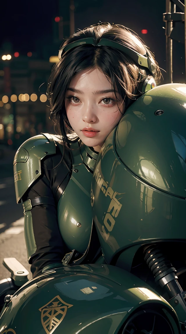 Best image quality, Excellent details, Ultra-high resolution, (realism: 1.4), Best illustrations, Favorite Details, Very condensed one girl, Delicate and beautiful features, Wearing a black and green mech, Wearing a mecha helmet, Hold the directional controller, Riding on motorcycle, The background is a futuristic city high tech lighting scene.