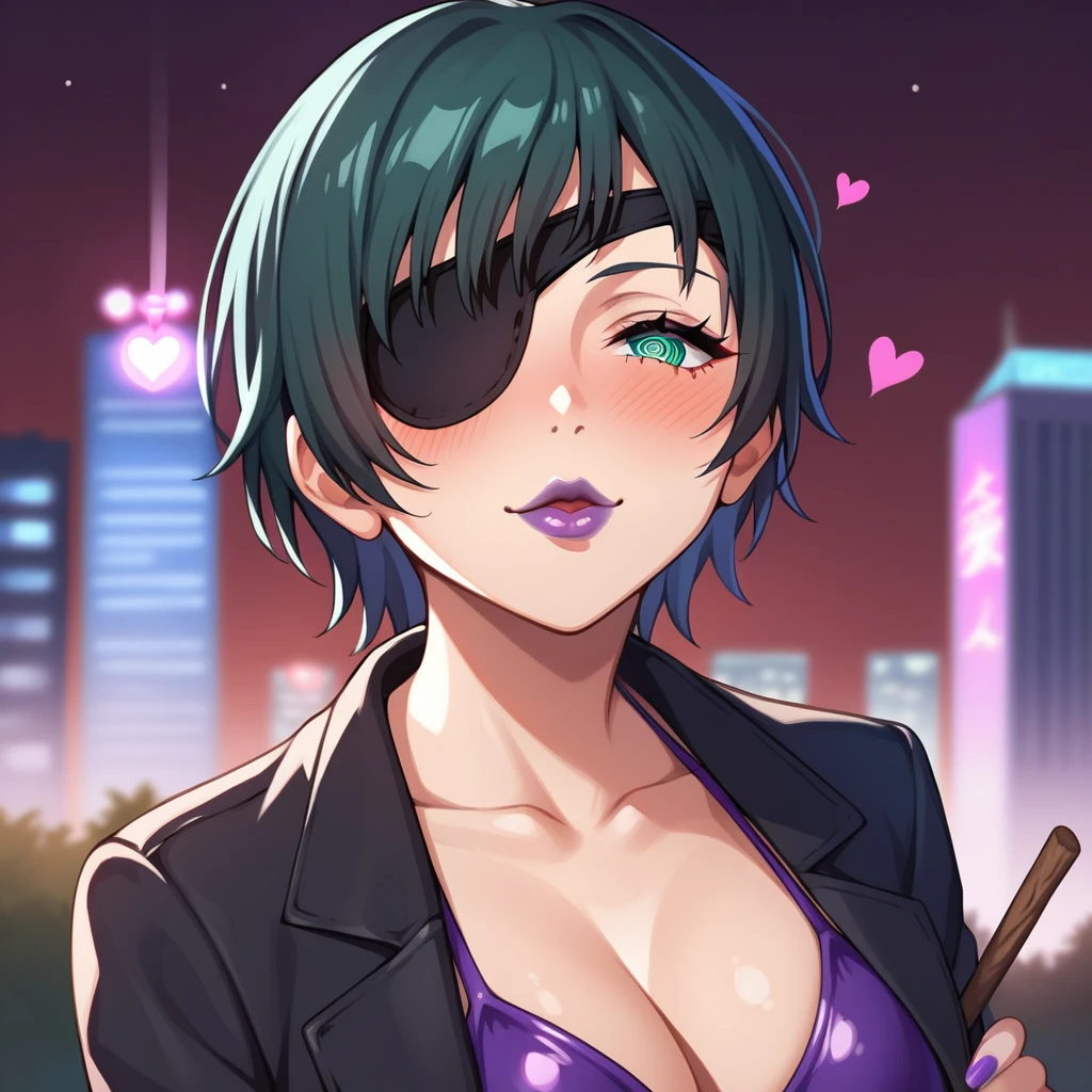  mature female, mature, Adult, himeno, himeno(Chainsaw Man), 1girl, black hair, short hair, eyepatch, solo, hypnosis, brainwashed, blush, phone, heart, eye symbol, rating_questionable, naughty face, rolling_eyes, cross-eyes, kissing air, pout, stick mouth, sharp mouth, purple lips, shaking head, Villains, chest, looking side, from side, Night town, City, skyscraper, Night, Dark, latex purple bikini under the black cape, masterpiece, Top animation quality，Top image quality,