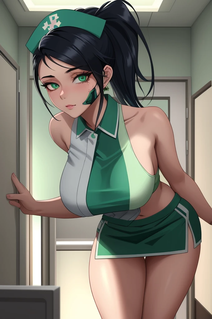 Masterpiece, sksrin, beautiful urban female model, in hospital room,pov, from below, facial details, detailed body part details, 8k wallpaper, looking at viewer, hospital, akali, nurse outfit, thighs, green eyes, black hair, ponytail ,glowing eyes, cowboy shot, sexy,bent over,pre hug