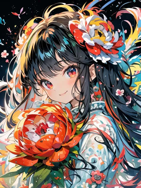 Masterpiece、smile、Anime Girls、Black Hair、Long Hair、Cute Anime Girls、smile、(((Red peony)))、lots of peonies、Upper Body、Fractal Art...