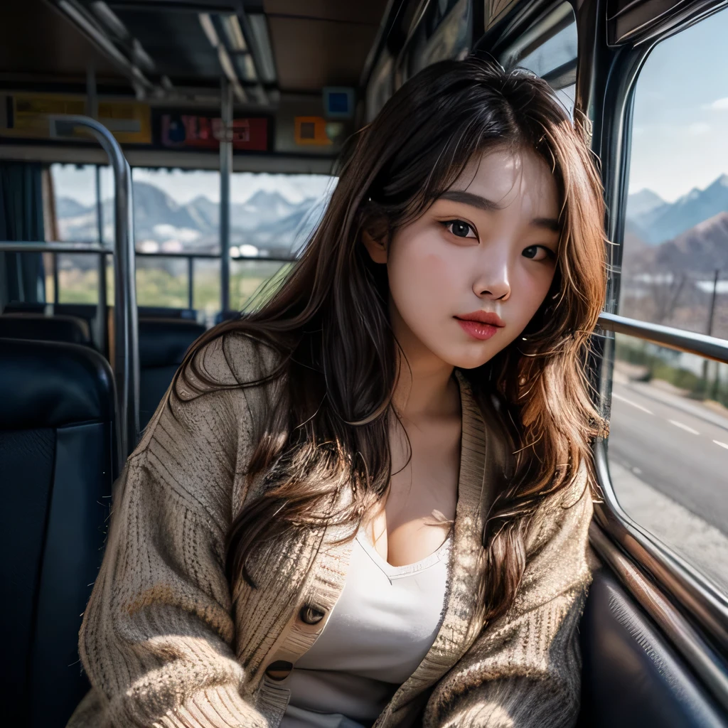 best quality,8k, Detailed facial depictions, Detailed eye description, Brown hair(long wavyhair),beautiful korean girl, 21 years old, slim body, medium breast, Sitting on the bus facing the bus window, views of the Korean mountains , wearing oversized knit cardigan , face facing out the window, focus on the view outside the window