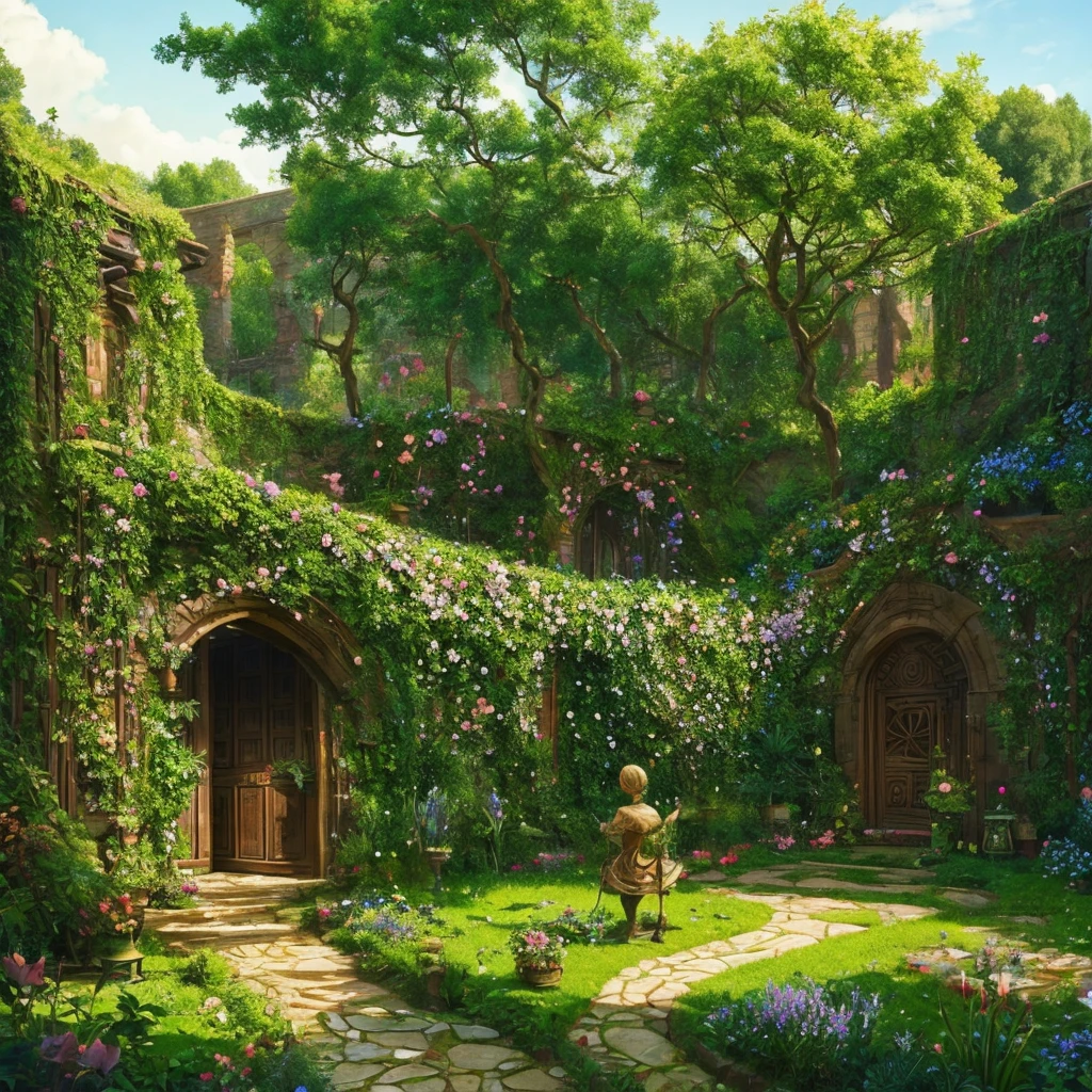 a beautiful garden, lush and full of life, Tall fruit trees and dense thorny and flowering bushes grow on it.: the garden is a labyrinth, strange and wonderful, very tangled, where goblins and troll beings live.