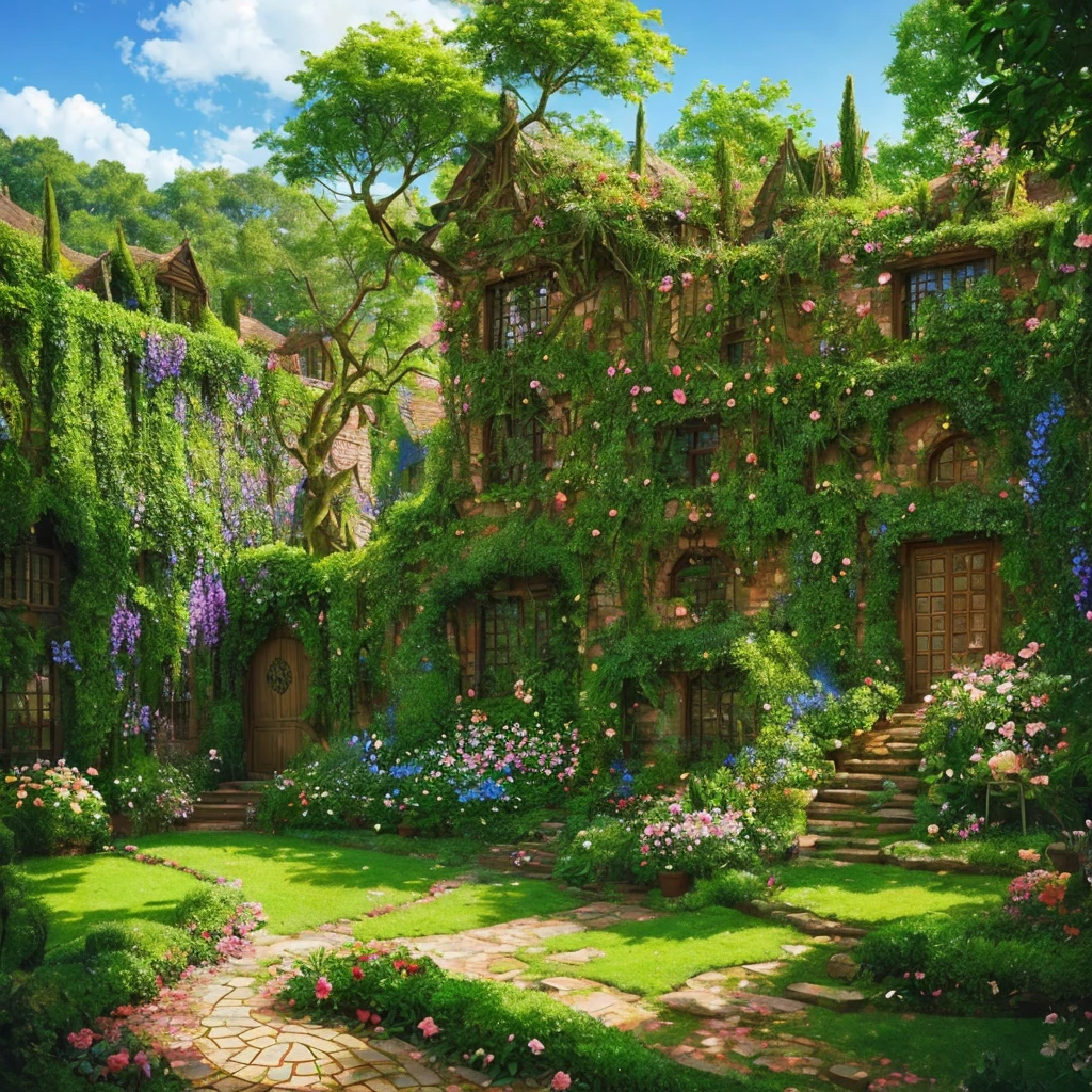 a beautiful garden, lush and full of life, Tall fruit trees and dense thorny and flowering bushes grow on it.: the garden is a labyrinth, strange and wonderful, very tangled, where goblins and troll beings live.