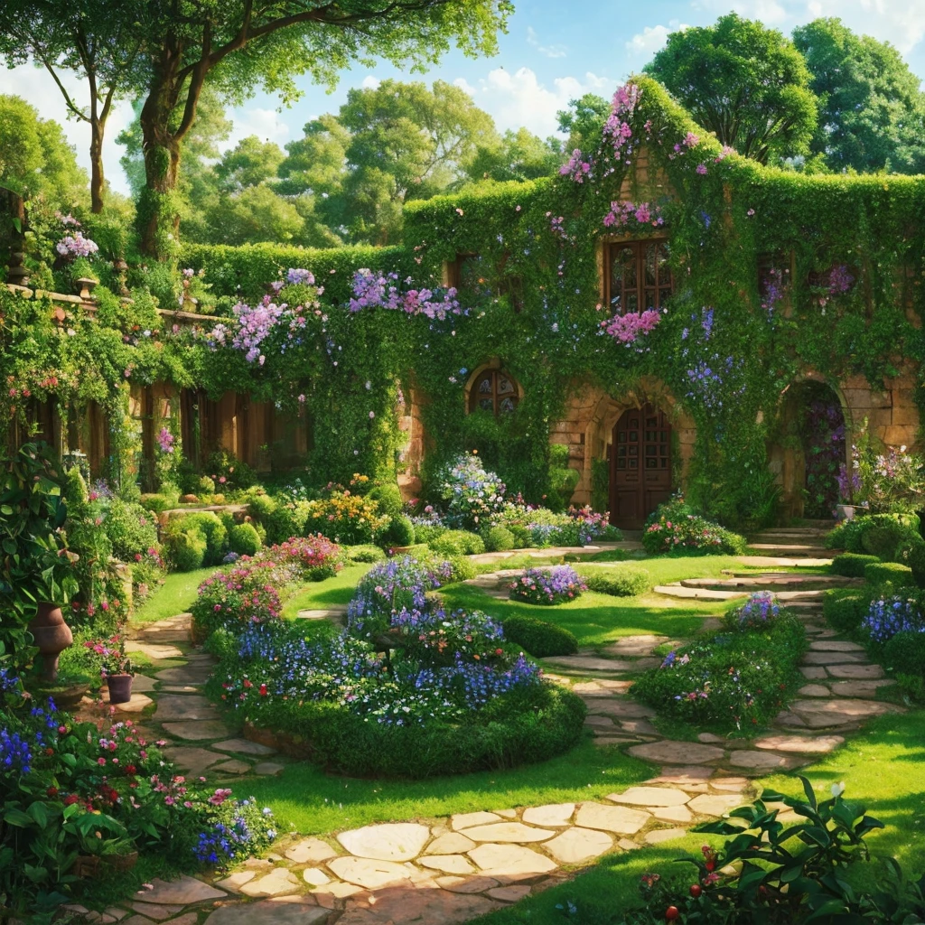 un beau jardin, luxuriant et plein de vie, De grands arbres fruitiers et des buissons denses, épineux et fleuris y poussent.: le jardin est un labyrinthe, étrange et merveilleux, Très embrouillé, où vivent des gobelins et des êtres trolls.