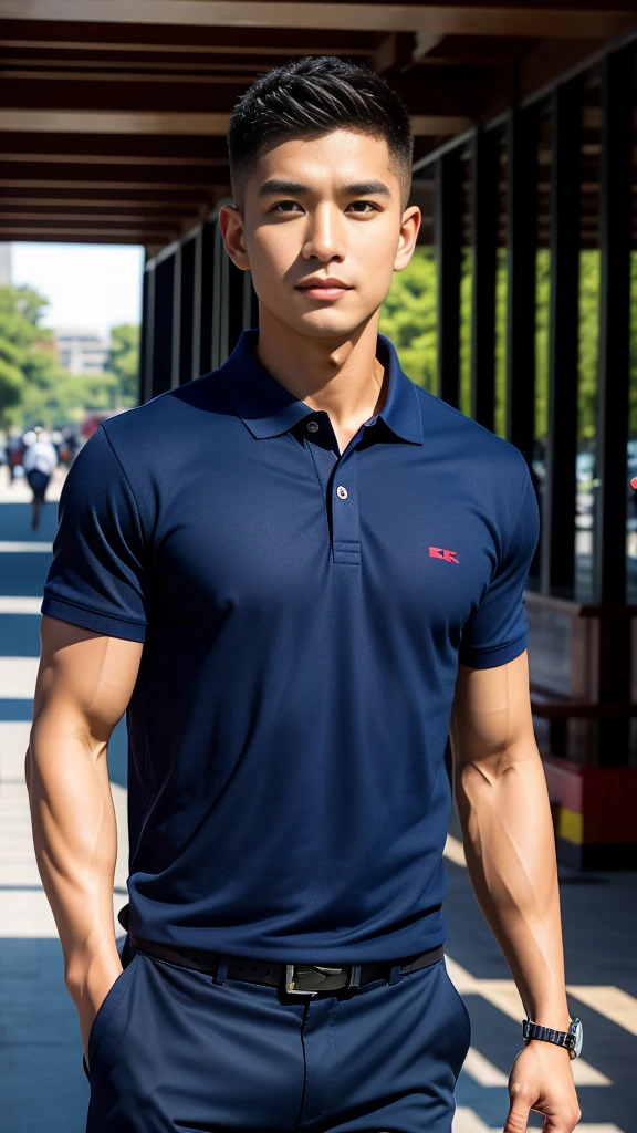 (Create a masterpiece: 1.2),(CGI art:1.3),(realistic:1.5),(After processing:1.3),(Sharp focus:1.3),10,1 man, smile, (Wear a dark blue polo shirt.), Navy cargo pants, Korean guy , korean men, (High gloss details), chest muscles, large arm muscles, blood vessel, Big muscles, Broad shoulders, looking at the audience, Balancing the eyes, In the middle of the road in the capital