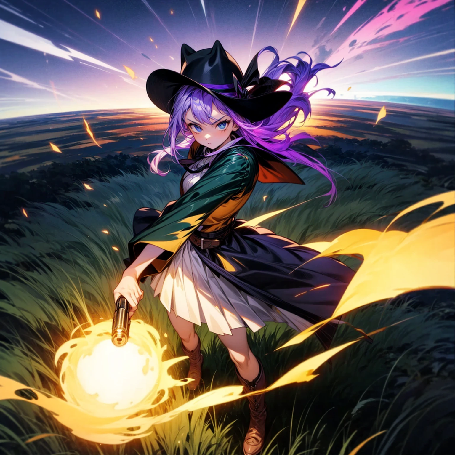 1girl, Full body version, 1character, adult version, blue eyes color, long haircut, purple colour hair, medieval style clothing, cowboy hat, revolver in hand, Grassroots, background in green field, motion blur, plasma effect, lighting revolver, fire revolver, fire, smoke revolver, smoke effect, aura effect, lighting, (Hunter x Hunter style), standing gesture, high angle view 