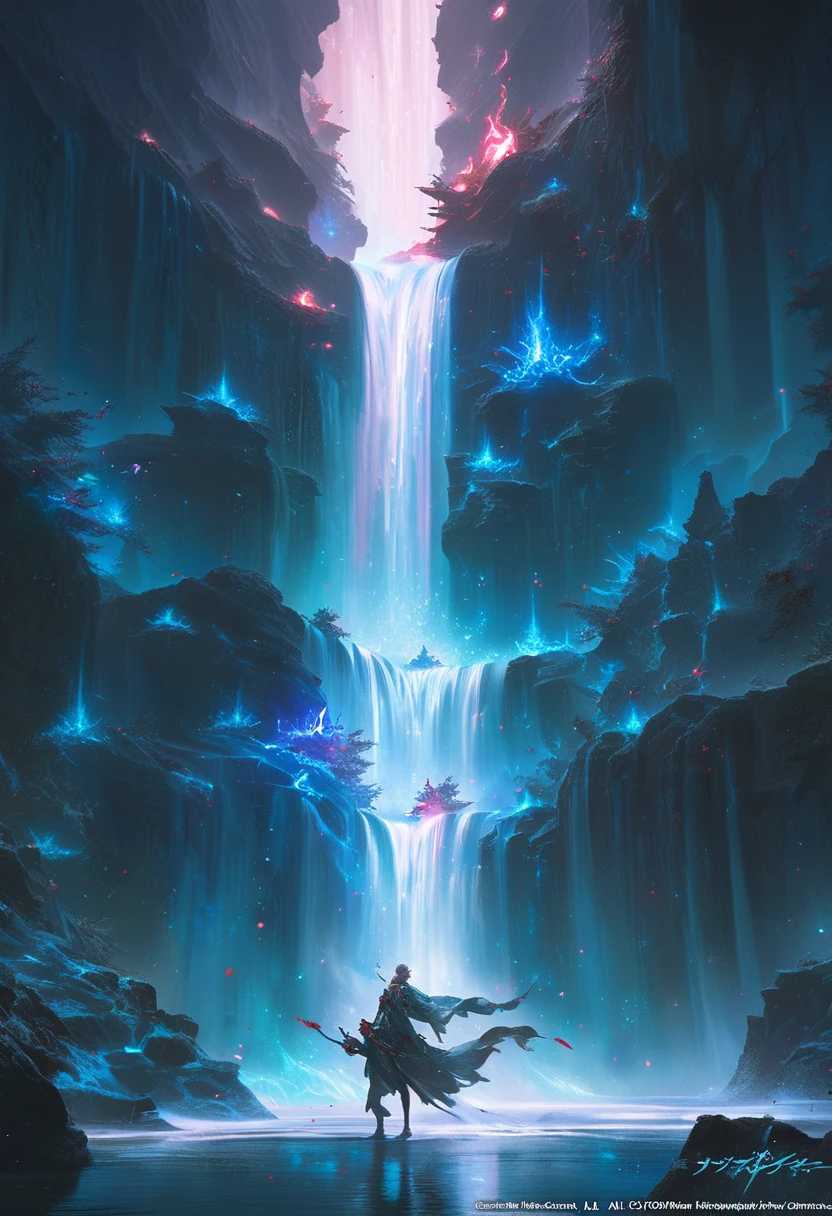 A painting that represents the magical essence of your world, Gray-haired, Mysterious black spots on neck、Red-eyed hero bathed in a waterfall of magical energy, Glowing particles fly around him.、Mysterious symbols appear in the air, masterpiece, Highest quality, Super detailed, figure, 8K resolution concept art, Fantasy art, Magnificent art, Concept Art Wallpaper 4K, Deep Color, Natural light, Eye-catching, Power Over.