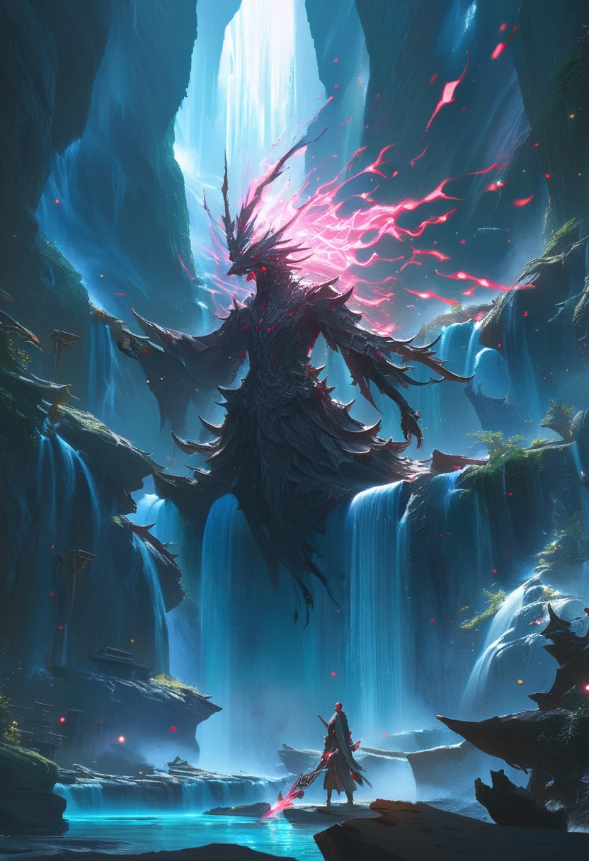 A painting that represents the magical essence of your world, Gray-haired, Mysterious black spots on neck、Red-eyed hero bathed in a waterfall of magical energy, Glowing particles fly around him.、Mysterious symbols appear in the air, masterpiece, Highest quality, Super detailed, figure, 8K resolution concept art, Fantasy art, Magnificent art, Concept Art Wallpaper 4K, Deep Color, Natural light, Eye-catching, Power Over.