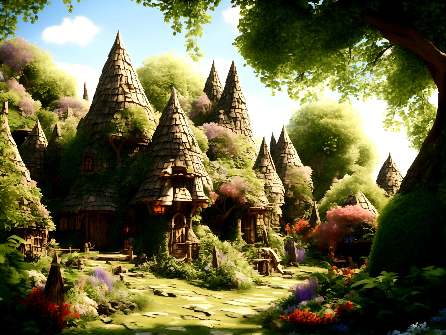 A breathtaking, high-contrast cinematic 8K 3D Disney-style rendering, of a fairy-tale village nestled in a lush forest with dens...