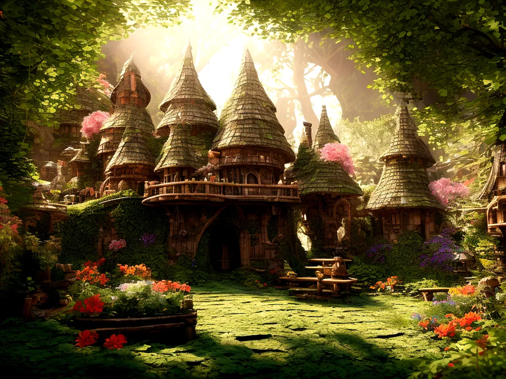 A breathtaking, high-contrast cinematic 8K 3D Disney-style rendering, of a fairy-tale village nestled in a lush forest with dens...