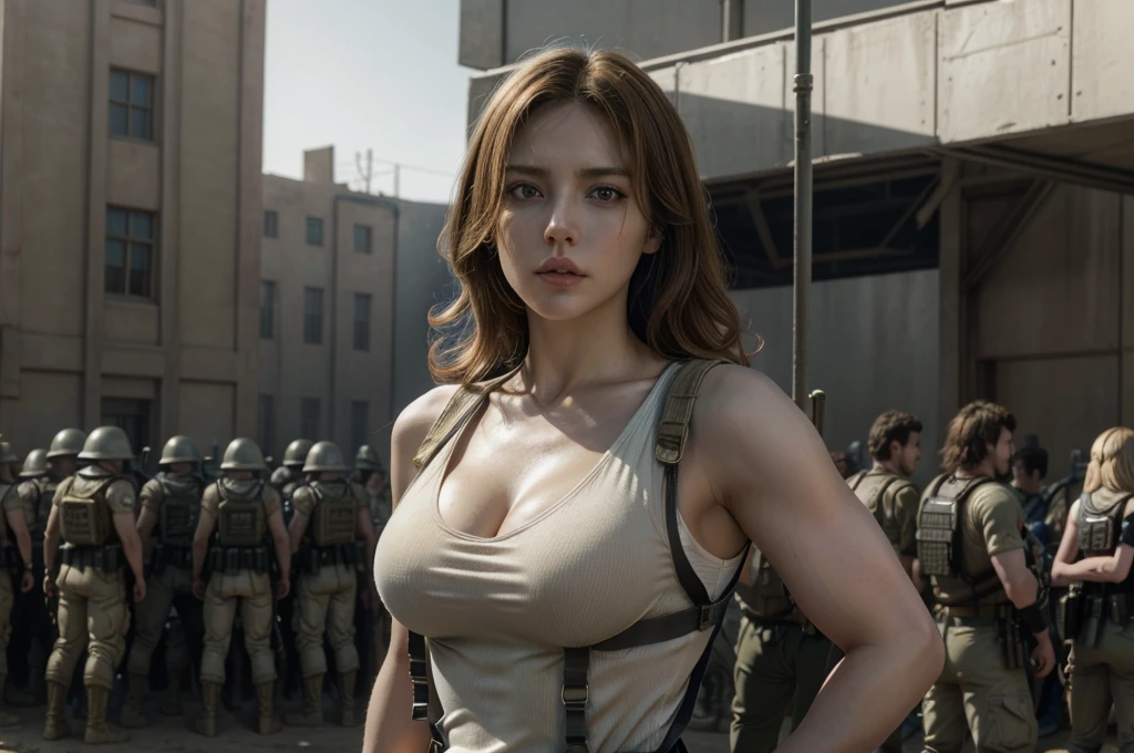 super fine illustration, ultra high resolution, masterpiece, highest quality, perfect lighting, detailed lighting, dramatic shadow, ray tracing, 1 beautiful white girl, solo, looking at viewer, medium breasts, exposed cleavage, beautiful detailed hazel eyes, sharp face, clear eyes, long bang, ((medium curly blond hair:1.2)), ((post-apocalyptic fiction)), ((desert:1.2)), ((battle suit:1.2)), (((military harness))), Resident Evil Series, full body,