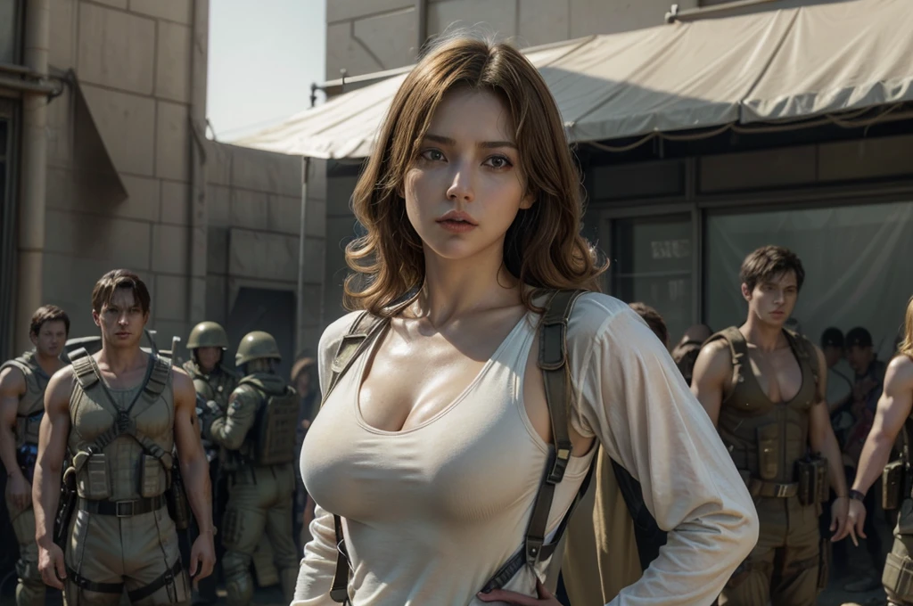super fine illustration, ultra high resolution, masterpiece, highest quality, perfect lighting, detailed lighting, dramatic shadow, ray tracing, 1 beautiful white girl, solo, looking at viewer, medium breasts, exposed cleavage, beautiful detailed hazel eyes, sharp face, clear eyes, long bang, ((medium curly blond hair:1.2)), ((post-apocalyptic fiction)), ((desert:1.2)), ((battle suit:1.2)), (((military harness))), Resident Evil Series, full body,
