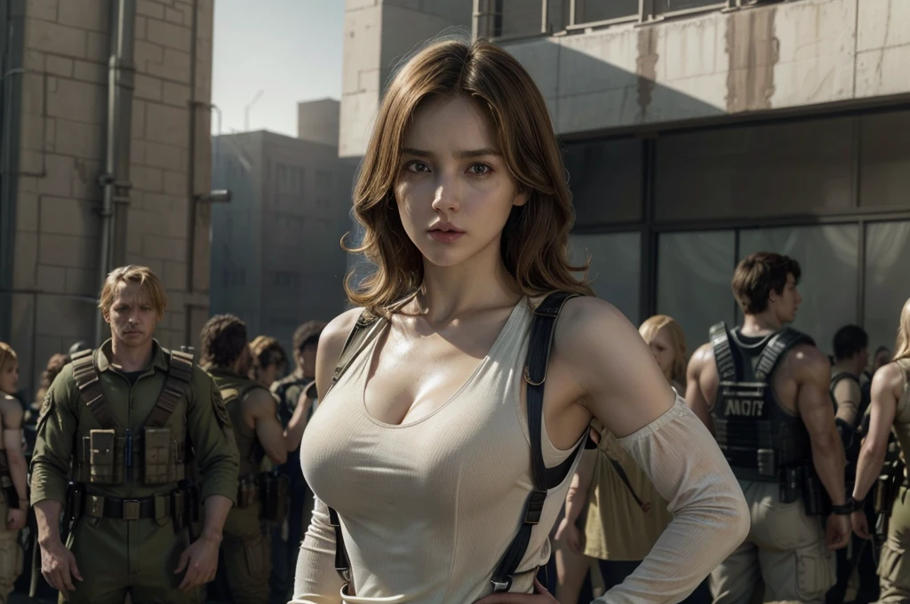 super fine illustration, ultra high resolution, masterpiece, highest quality, perfect lighting, detailed lighting, dramatic shadow, ray tracing, 1 beautiful white girl, solo, looking at viewer, medium breasts, exposed cleavage, beautiful detailed hazel eyes, sharp face, clear eyes, long bang, ((medium curly blond hair:1.2)), ((post-apocalyptic fiction)), ((desert:1.2)), ((battle suit:1.2)), (((military harness))), Resident Evil Series, full body,