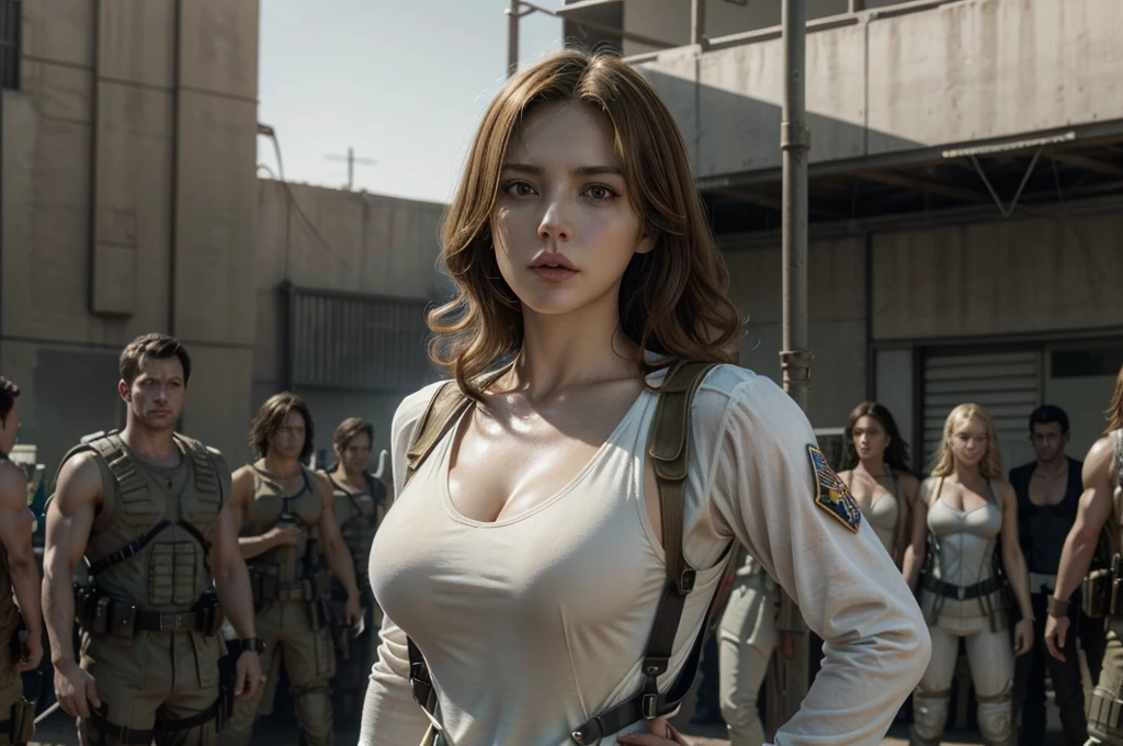 super fine illustration, ultra high resolution, masterpiece, highest quality, perfect lighting, detailed lighting, dramatic shadow, ray tracing, 1 beautiful white girl, solo, looking at viewer, medium breasts, exposed cleavage, beautiful detailed hazel eyes, sharp face, clear eyes, long bang, ((medium curly blond hair:1.2)), ((post-apocalyptic fiction)), ((desert:1.2)), ((battle suit:1.2)), (((military harness))), Resident Evil Series, full body,