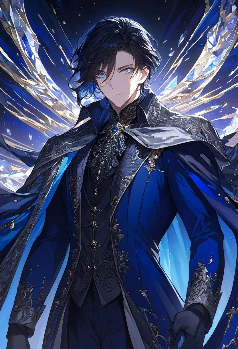 Close-up of a person wearing a cape and cloak, Wear fantasy formal clothing, Beautiful androgynous prince, ((wearing a noble robe)), A delicate androgynous prince, Royal dark blue clothing, Navy blue suit with silver brocade, Outfit with blue accents, Dark glamorous royal robe, Elegant attire of the imperial royal family, Elegant Cape, royal cape, Black Hair, blue eyes, Absurd，High resolution，Super detailed），1 person，AS-Adult，good looking，Tall and muscular boy，Broad shouldered，Detailed eyes and face，Short Black Hair，onyx colored eyes，Fantastic，Great background，Shadow effects, inflammation，Floating Crystals，Divine Brilliance，Spectacular Background，magic