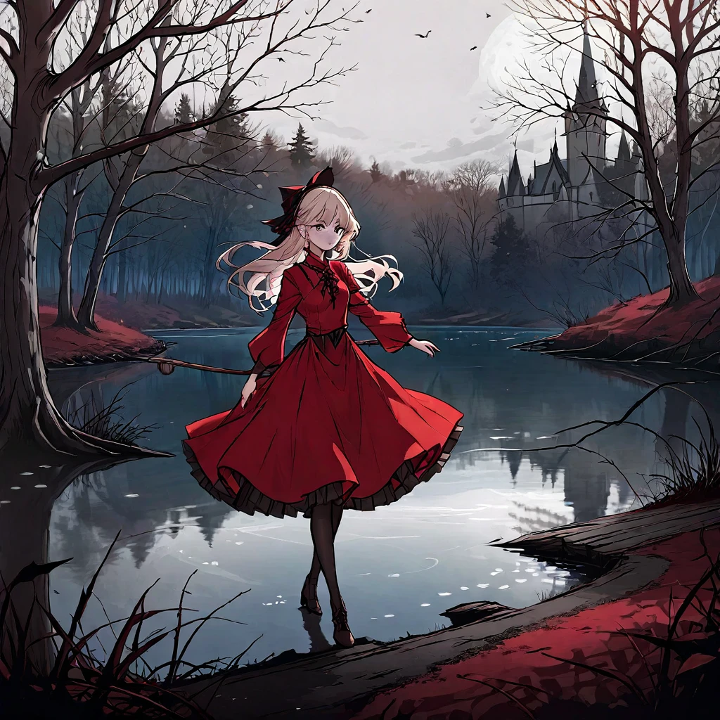 A beautiful young witch，Wearing a red dress（European medieval style，Gothic style），Walking alone in the woods of the park，There is a lake next to it.。Line drawing style，Suspenseful dark style。