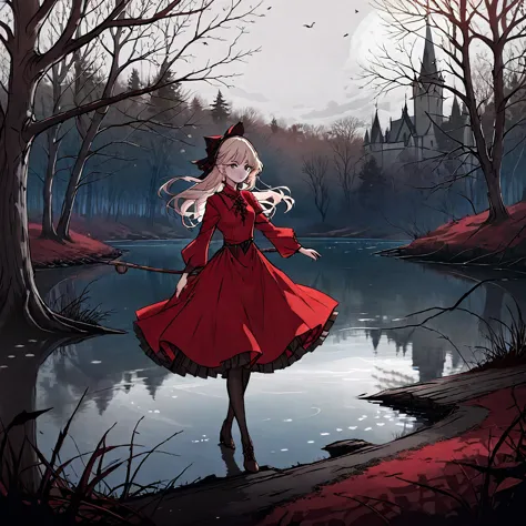 a beautiful young witch，wearing a red dress（european medieval style，gothic style），walking alone in the woods of the park，there i...