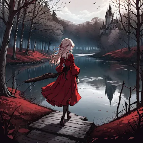 a beautiful young witch，wearing a red dress（european medieval style，gothic style），walking alone in the woods of the park，there i...