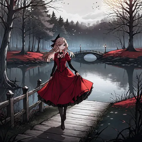 a beautiful young witch，wearing a red dress（european medieval style，gothic style），walking alone in the woods of the park，there i...