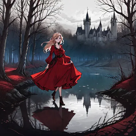 a beautiful young witch，wearing a red dress（european medieval style，gothic style），walking alone in the woods of the park，there i...