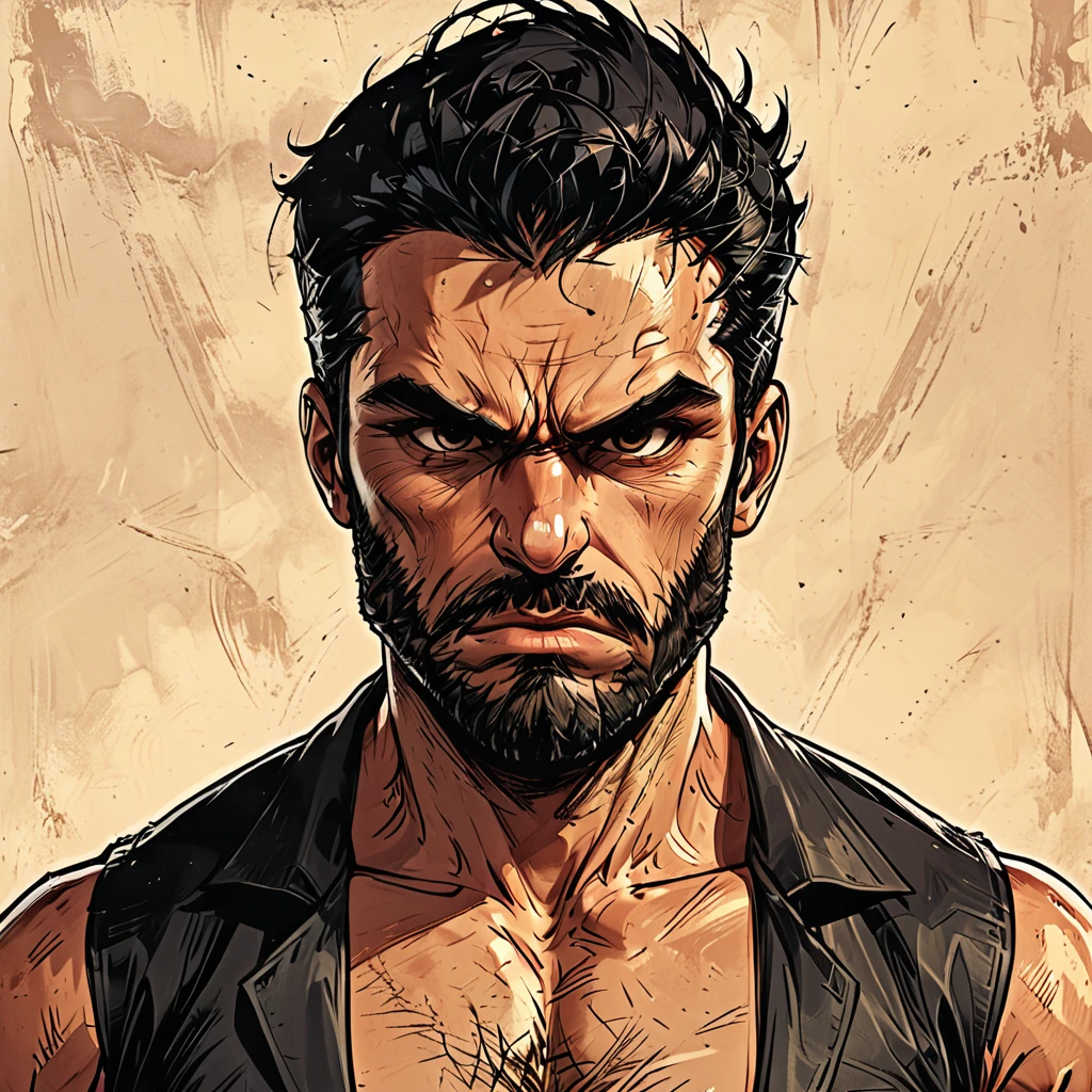 angry portrait of a man in the sky,   sky, man, Adult, Italian, Mesomorph Muscular body, perfect Olive skin, short Muscular neck, Rectangle faces, broad Muscular shoulders, Attached  Cupped Symmetrical Ears, Low Forehead, black short combed back hair, Fleshy nose, Bold Tapered black Eyebrows, High Angular Symmetrical Prominent Cheekbones, Heart-Shaped Cheeks, triangular Chin, Angular jawline, brown Upturned eyes, Thin nude Lips, Designer Stubble black whiskers, triangular black hair beard, big muscles,  graphic style of novel comics style,dark novel style, comic style, 2d, 8k, hyperrealism, masterpiece, high resolution, best quality, ultra-detailed, super realistic, Hyperrealistic art, high-quality, ultra high res, highest detailed, lot of details, Extremely high-resolution details, incredibly lifelike, colourful, soft cinematic light,