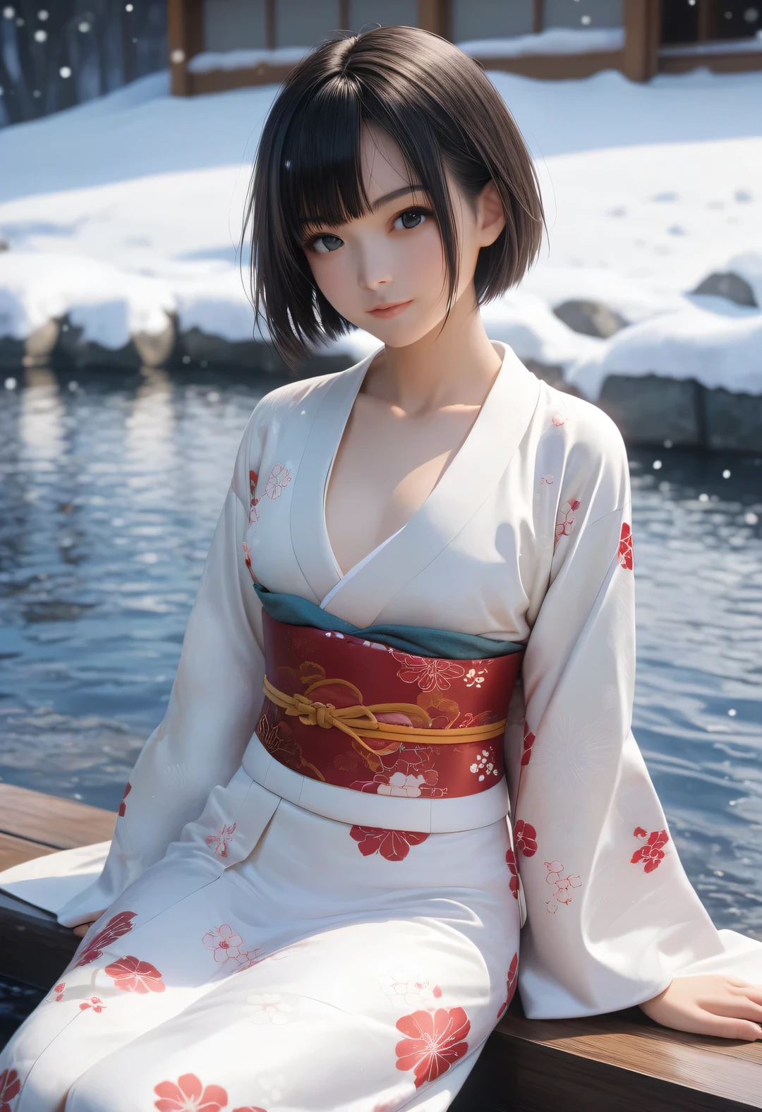 score_9, score_8_up, score_7_up, 1girl, solo, looking at viewer, short hair, black eyes, beautiful detailed eyes,black hair, nape, collarbone, long sleeves, sitting, closed mouth, small breasts, outdoors, japanese clothes, wide sleeves, kimono, water, sash, obi, floral print, snow, snowing, white kimono, print kimono,  break,(clear line illustration:1.2), super detailed skin,very high resolution, very aesthetic, Best sexual lighting powered by famous artist, 8k,cute picture,beauty illustration,photoshop_(medium),,(Detailed Lighting),uncensored,