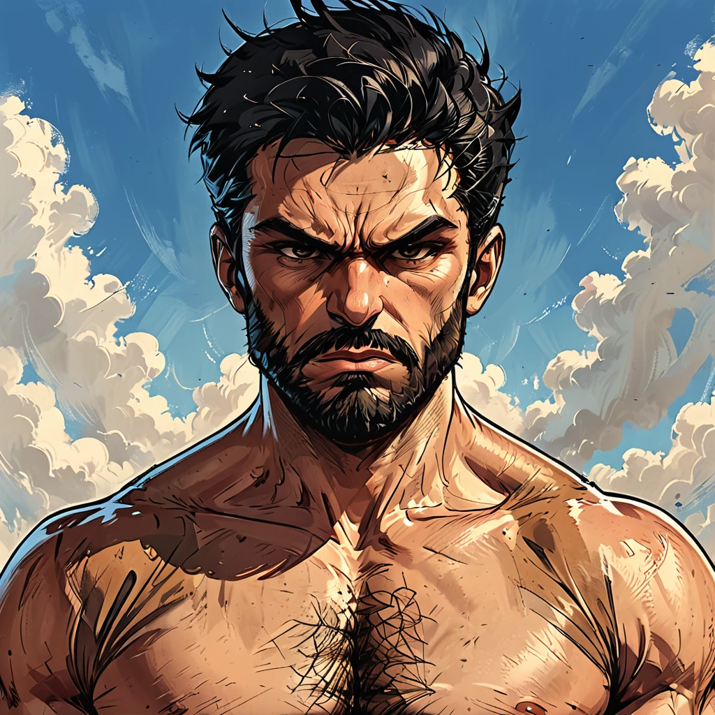 angry portrait of a homme in the sky,  ((ciel bleu)), ((nuage)), homme, adulte, italien, Corps musclé mésomorphe, peau olive parfaite, cou musclé court, Visages rectangulaires, larges épaules musclées, Oreilles symétriques en coupe attachées, Front bas, cheveux noirs courts peignés en arrière, nez charnu, Sourcils noirs effilés audacieux, Pommettes anguleuses symétriques et proéminentes, Joues en forme de cœur, menton triangulaire, mâchoire angulaire, marron, yeux retroussés, Lèvres fines et nues, Moustaches noires Designer Stubble, barbe triangulaire aux cheveux noirs, Gros muscles,  style graphique du style de bande dessinée roman,style roman sombre, Style bande dessinée, 2j, 8k, Hyperréalisme, chef-d&#39;œuvre, haute résolution, Meilleure qualité, ultra-détaillé, super réaliste, Art hyperréaliste, haute qualité, ultra haute résolution, le plus détaillé, beaucoup de détails, détails extrêmement haute résolution, incroyablement réaliste, coloré, lumière douce et cinématographique,