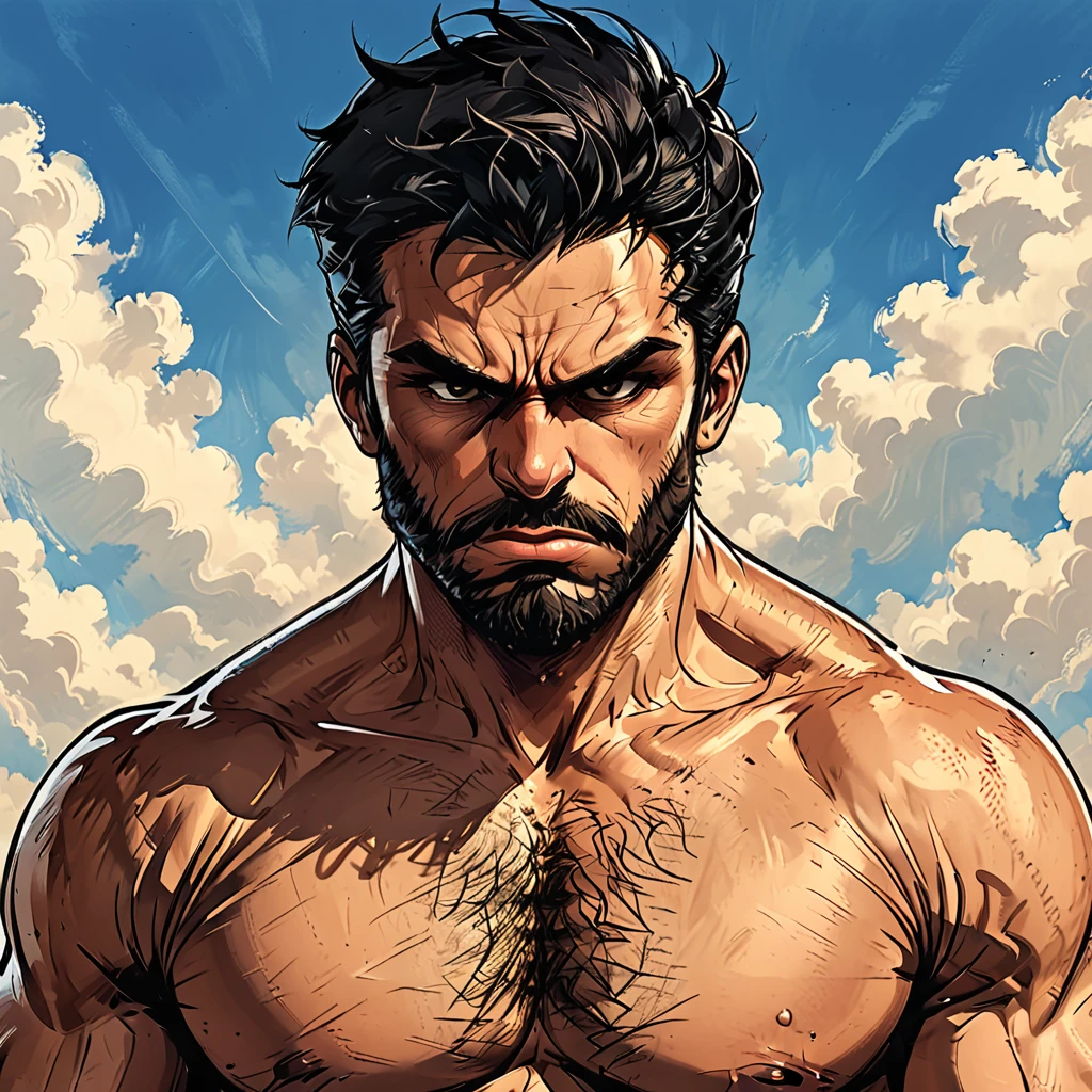 angry portrait of a homme in the sky,  ((ciel bleu)), ((nuage)), homme, adulte, italien, Corps musclé mésomorphe, peau olive parfaite, cou musclé court, Visages rectangulaires, larges épaules musclées, Oreilles symétriques en coupe attachées, Front bas, cheveux noirs courts peignés en arrière, nez charnu, Sourcils noirs effilés audacieux, Pommettes anguleuses symétriques et proéminentes, Joues en forme de cœur, menton triangulaire, mâchoire angulaire, marron, yeux retroussés, Lèvres fines et nues, Moustaches noires Designer Stubble, barbe triangulaire aux cheveux noirs, Gros muscles,  style graphique du style de bande dessinée roman,style roman sombre, Style bande dessinée, 2j, 8k, Hyperréalisme, chef-d&#39;œuvre, haute résolution, Meilleure qualité, ultra-détaillé, super réaliste, Art hyperréaliste, haute qualité, ultra haute résolution, le plus détaillé, beaucoup de détails, détails extrêmement haute résolution, incroyablement réaliste, coloré, lumière douce et cinématographique,