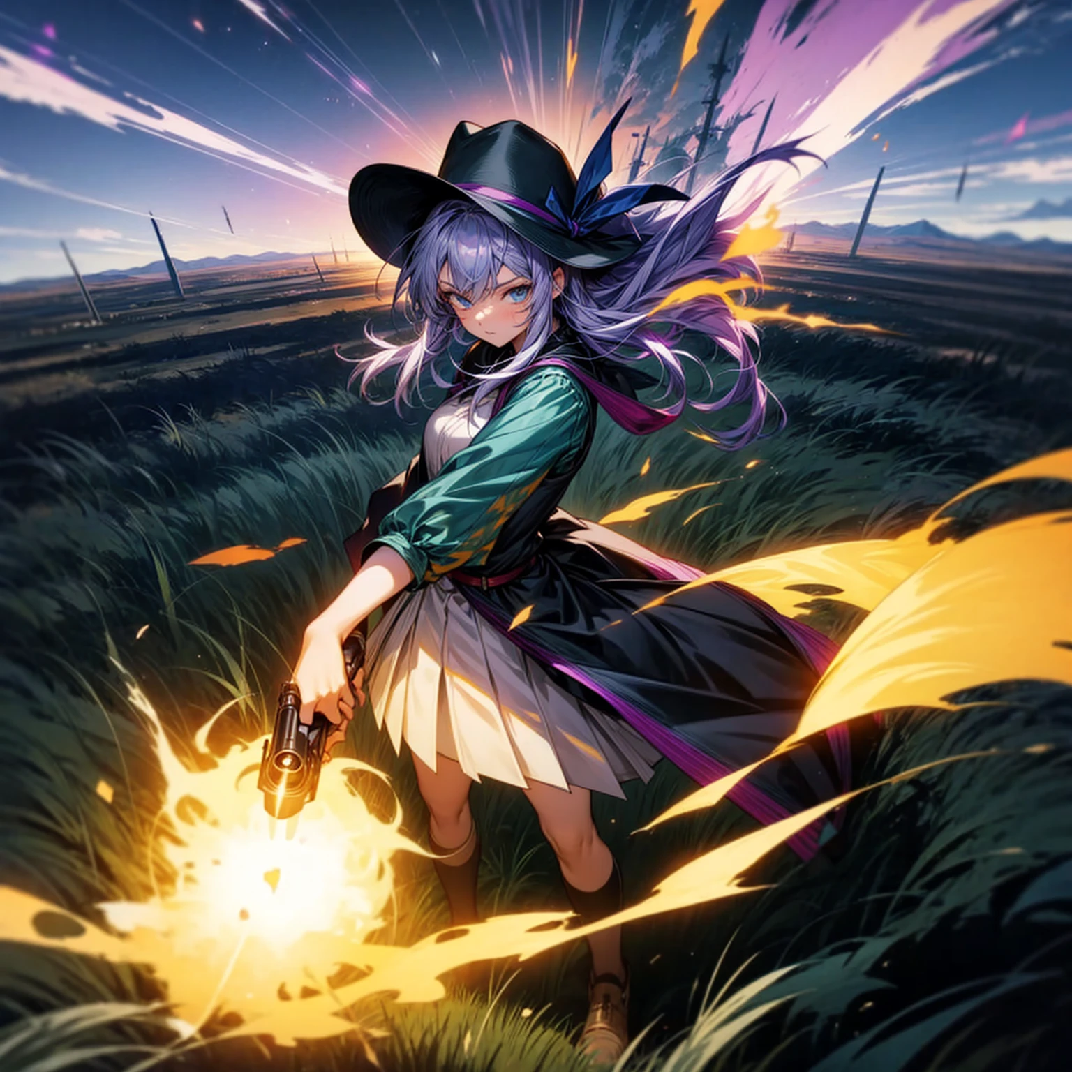 1girl, Full body version, 1character, adult version, blue eyes color, long haircut, purple colour hair, purple hairs, medieval style clothing, cowboy hat, revolver in hand, Grassroots, background in green field, motion blur, plasma effect, lighting revolver, fire revolver, fire, smoke revolver, smoke effect, aura effect, lighting, (Hunter x Hunter style), standing gesture, high angle view 