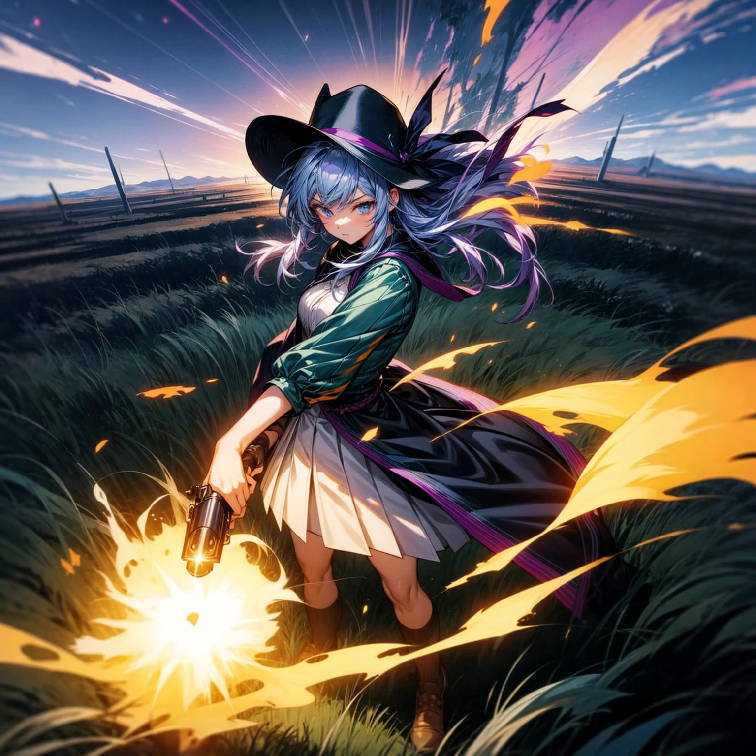 1girl, Full body version, 1character, adult version, blue eyes color, long haircut, purple colour hair, purple hairs, medieval style clothing, cowboy hat, revolver in hand, Grassroots, background in green field, motion blur, plasma effect, lighting revolver, fire revolver, fire, smoke revolver, smoke effect, aura effect, lighting, (Hunter x Hunter style), standing gesture, high angle view 