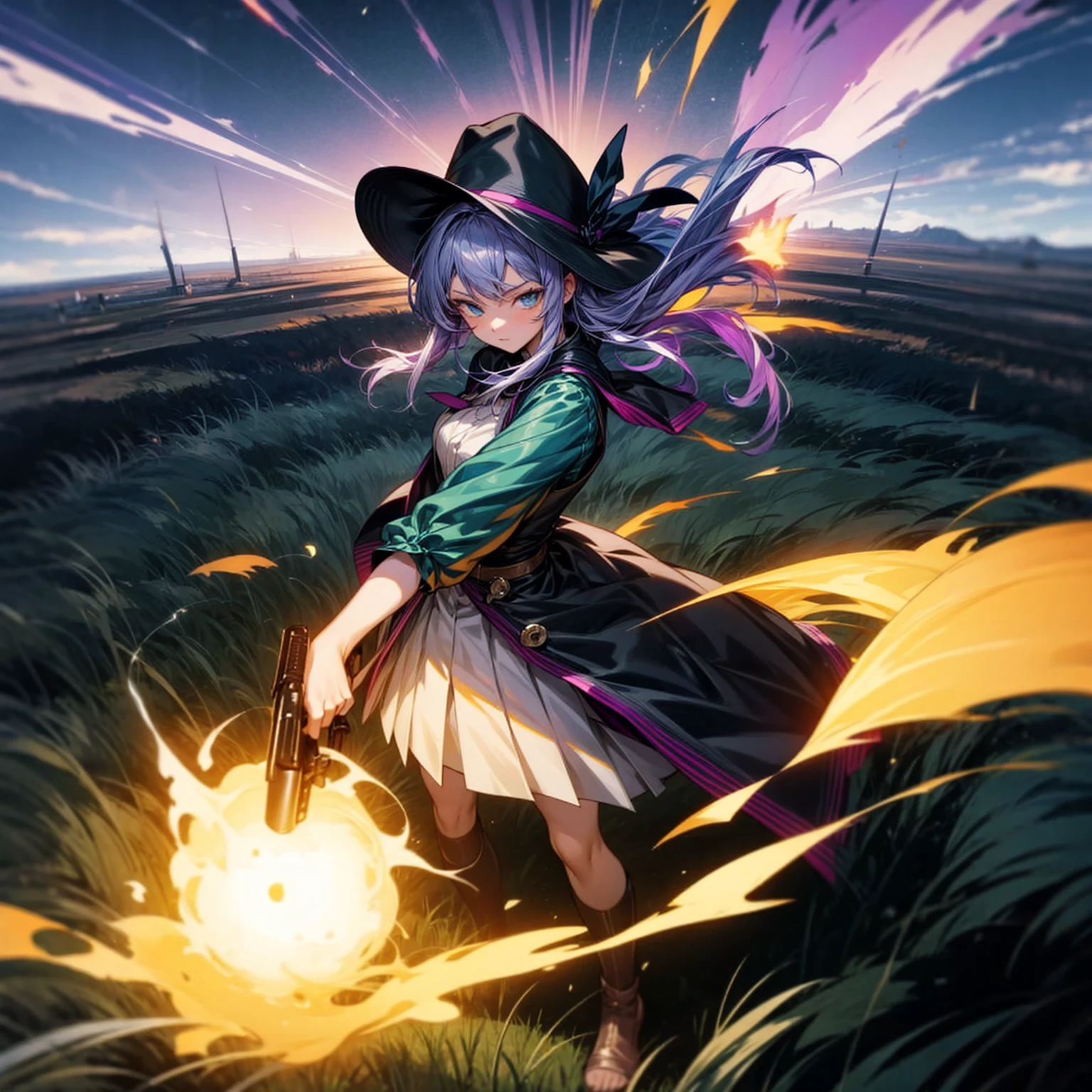 1girl, Full body version, 1character, adult version, blue eyes color, long haircut, purple colour hair, purple hairs, medieval style clothing, cowboy hat, revolver in hand, Grassroots, background in green field, motion blur, plasma effect, lighting revolver, fire revolver, fire, smoke revolver, smoke effect, aura effect, lighting, (Hunter x Hunter style), standing gesture, high angle view 