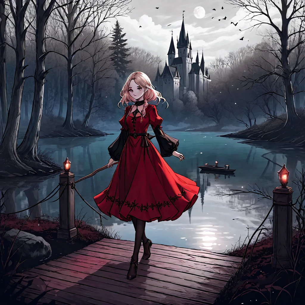 A beautiful young witch，Wearing a red dress（European medieval style，Gothic style），Walking alone in the woods of the park，There is a lake next to it.。Line drawing style，Suspenseful dark style。